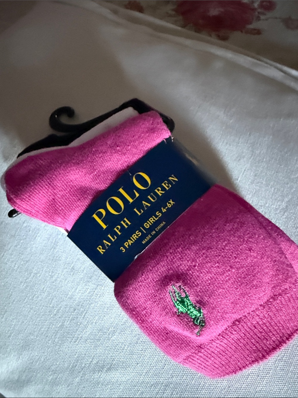 Polo by Ralph Lauren Girls Bright Pink No-Show Socks with Green Logo - 3 Pairs